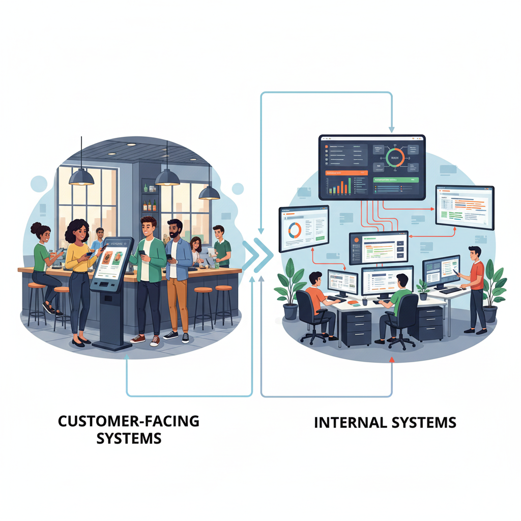 Customer-facing systems with customers using apps and portals, and internal systems with employees managing ERP, HR, and workflow tools