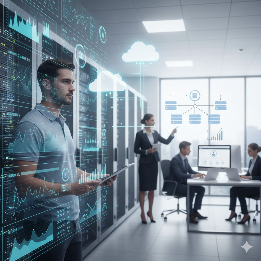 Developers and IT professionals managing scalable software platforms with cloud infrastructure, load balancing, and monitoring dashboards