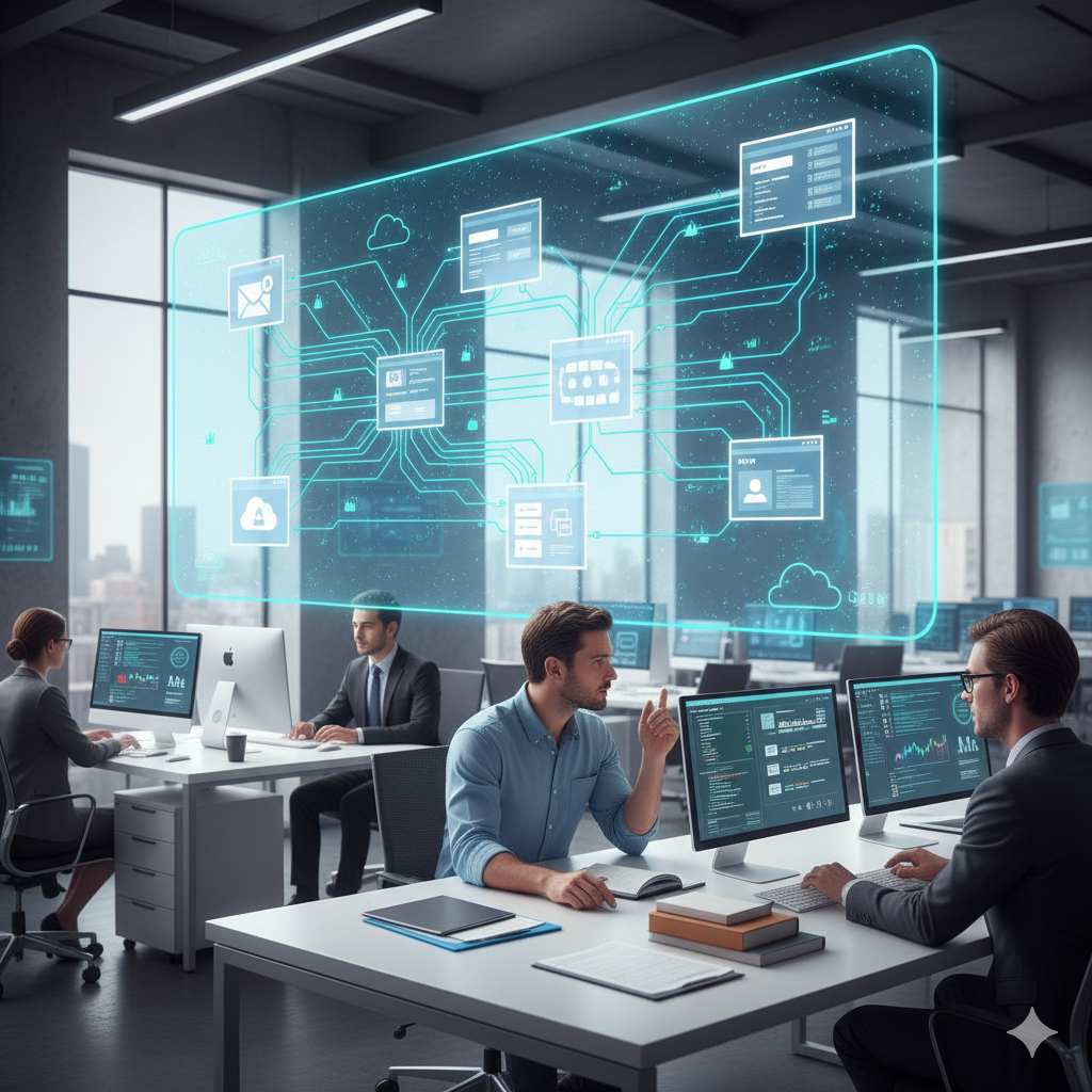 Developers and IT professionals managing interconnected software platforms with seamless data flow and system integration for improved efficiency