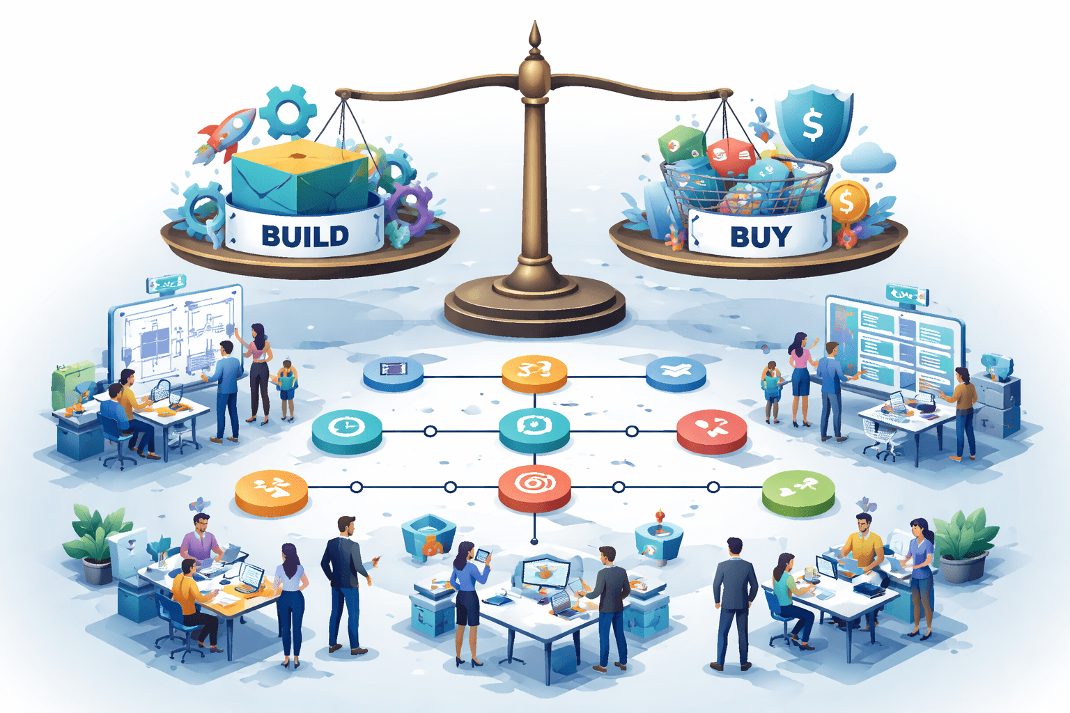 Build vs buy software decision framework comparing custom and off-the-shelf solutions