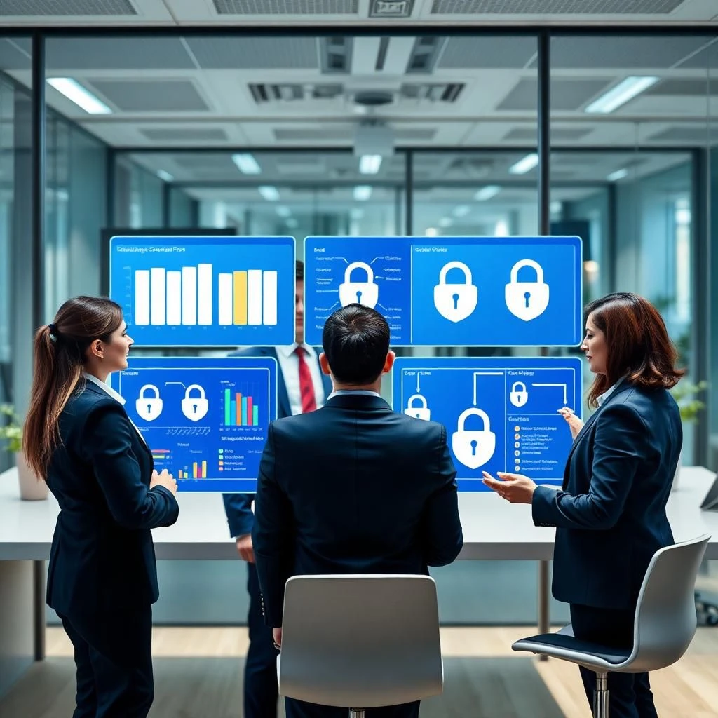 Team of professionals implementing compliance frameworks with dashboards, charts, and security icons to ensure privacy and data protection