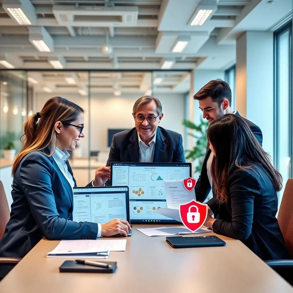 Compliance team reviewing documents and dashboards to ensure privacy, documentation accuracy, and audit readiness