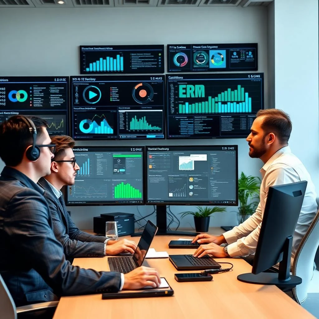 IT professionals managing enterprise technology systems with ERP, CRM, cloud analytics, and cybersecurity tools in a modern corporate environment.