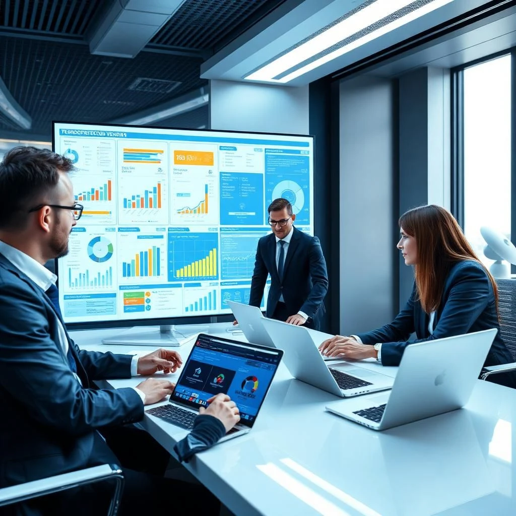 Business team evaluating technology vendors using digital dashboards for platform management