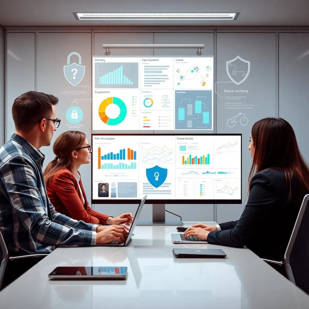 Compliance and privacy governance team reviewing dashboards, policies, and risk assessments to implement governance fundamentals