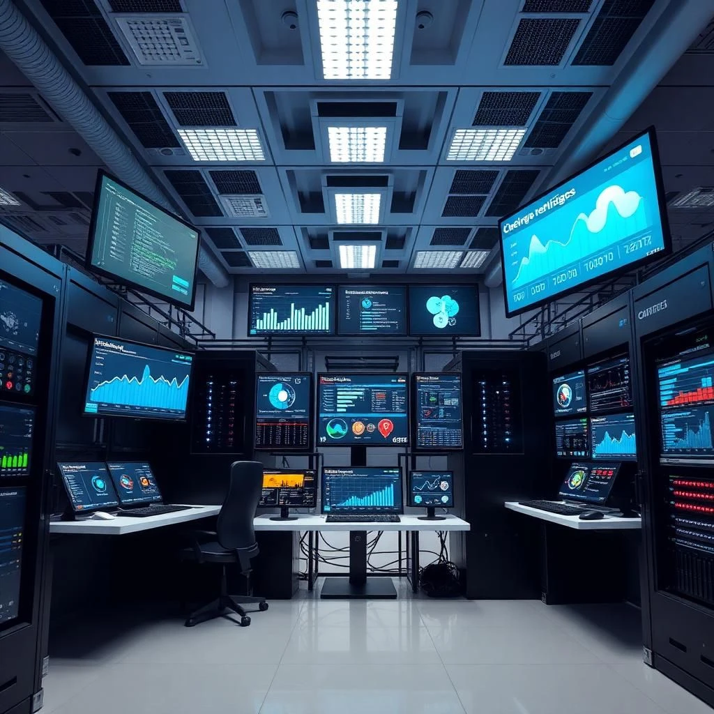 IT professionals managing system lifecycle planning with dashboards, performance metrics, and maintenance schedules