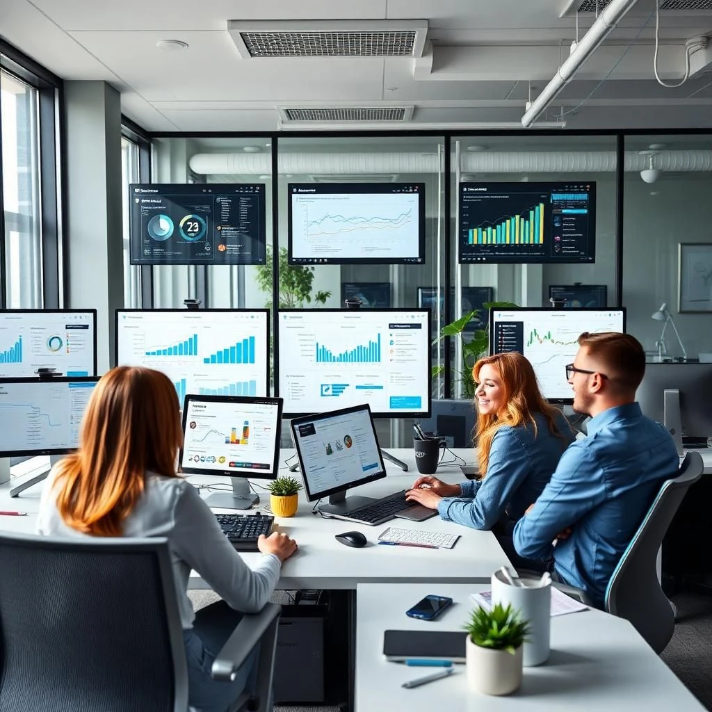 Marketing team using advanced marketing technology systems in a modern office setup with CRM dashboards and analytics charts.
