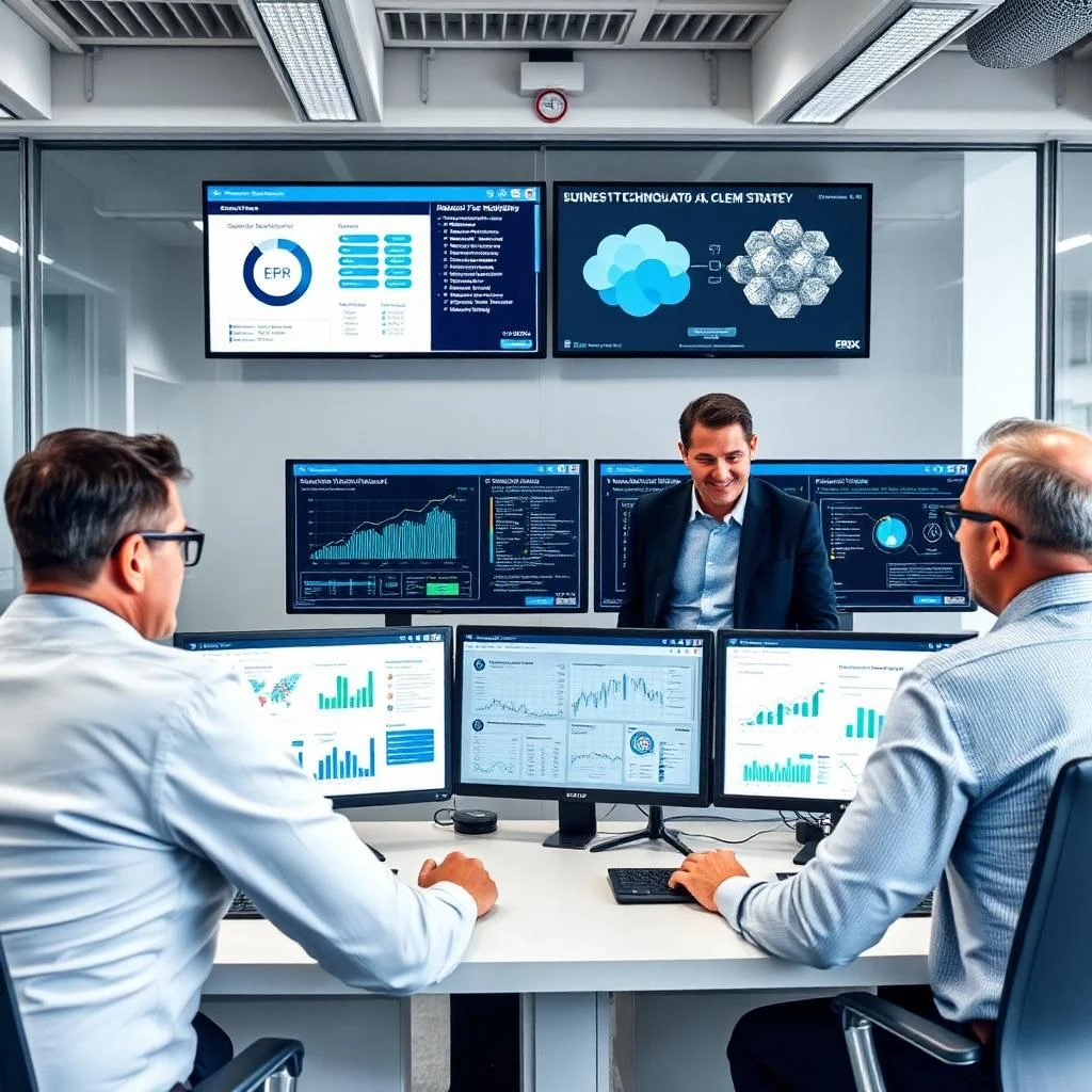 Mid-market business team collaborating with ERP dashboards, cloud analytics, CRM, and cybersecurity tools in a modern office environment.