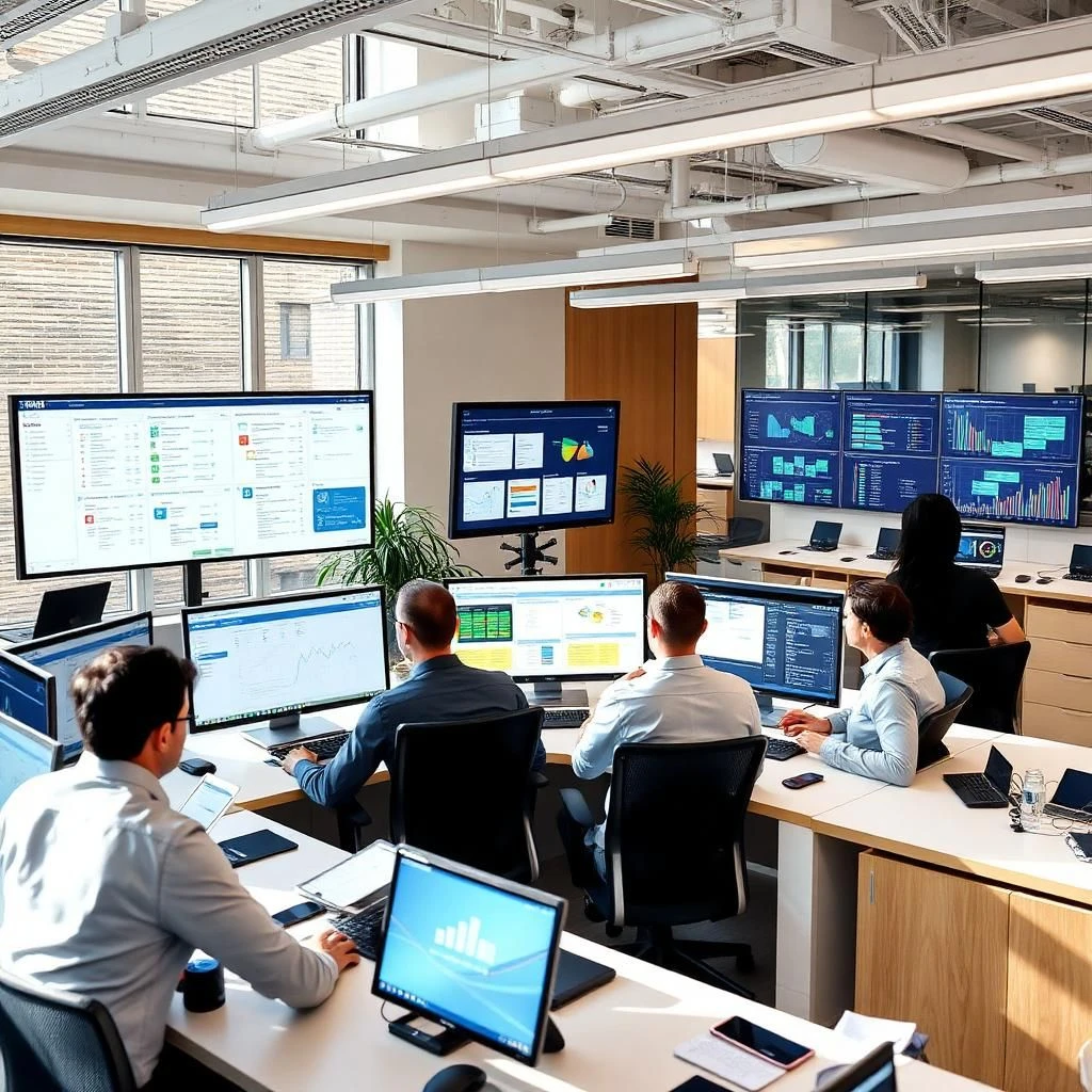 Modern office team using operations and workflow systems with dashboards, task boards, and project management tools for efficiency.