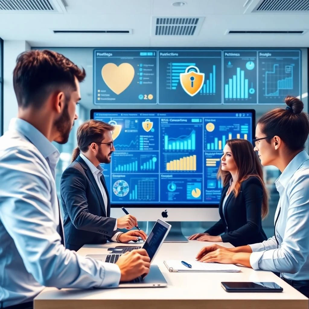 Technology risk management team analyzing dashboards, cybersecurity charts, and data flow diagrams to ensure privacy and regulatory compliance