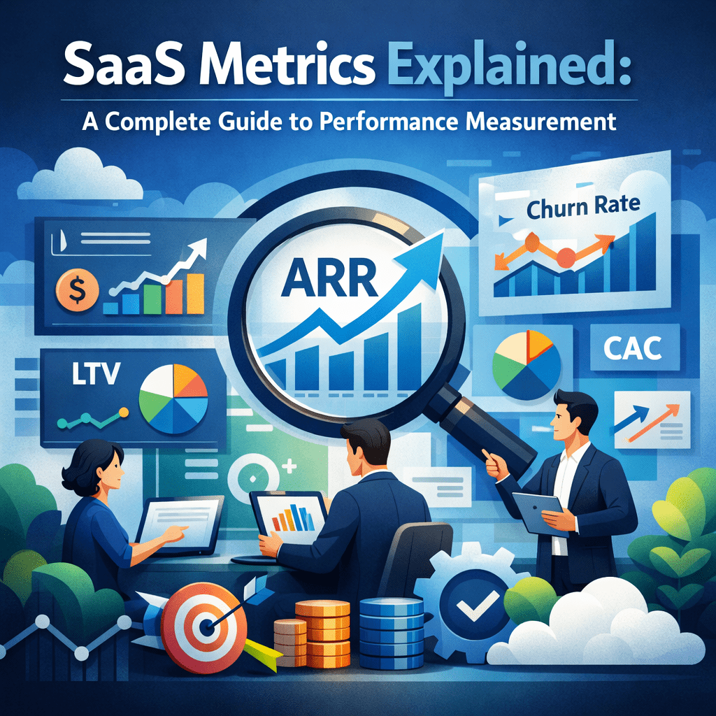 SaaS metrics explained showing MRR, churn, CAC, LTV and performance measurement dashboard
