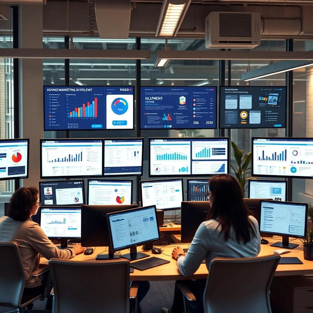Sales and CRM platforms in a modern office, showing dashboards, analytics, and teams collaborating to drive business growth