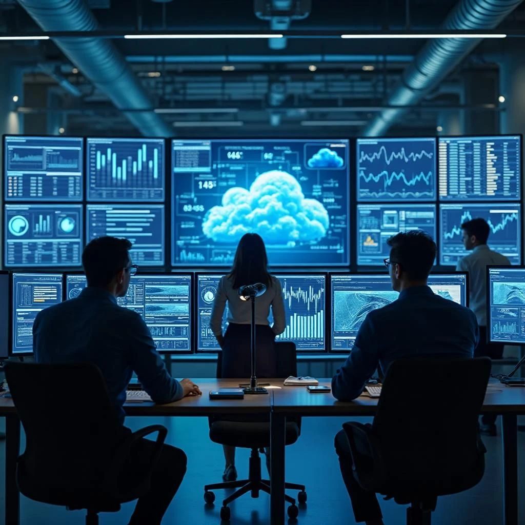 Business team monitoring and scaling technology systems over time with ERP dashboards, cloud metrics, CRM data, and analytics tools in a modern office.
