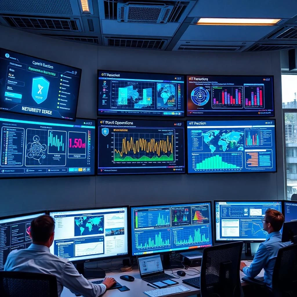 IT professionals monitoring network security dashboards in a modern office, representing security-focused environments.