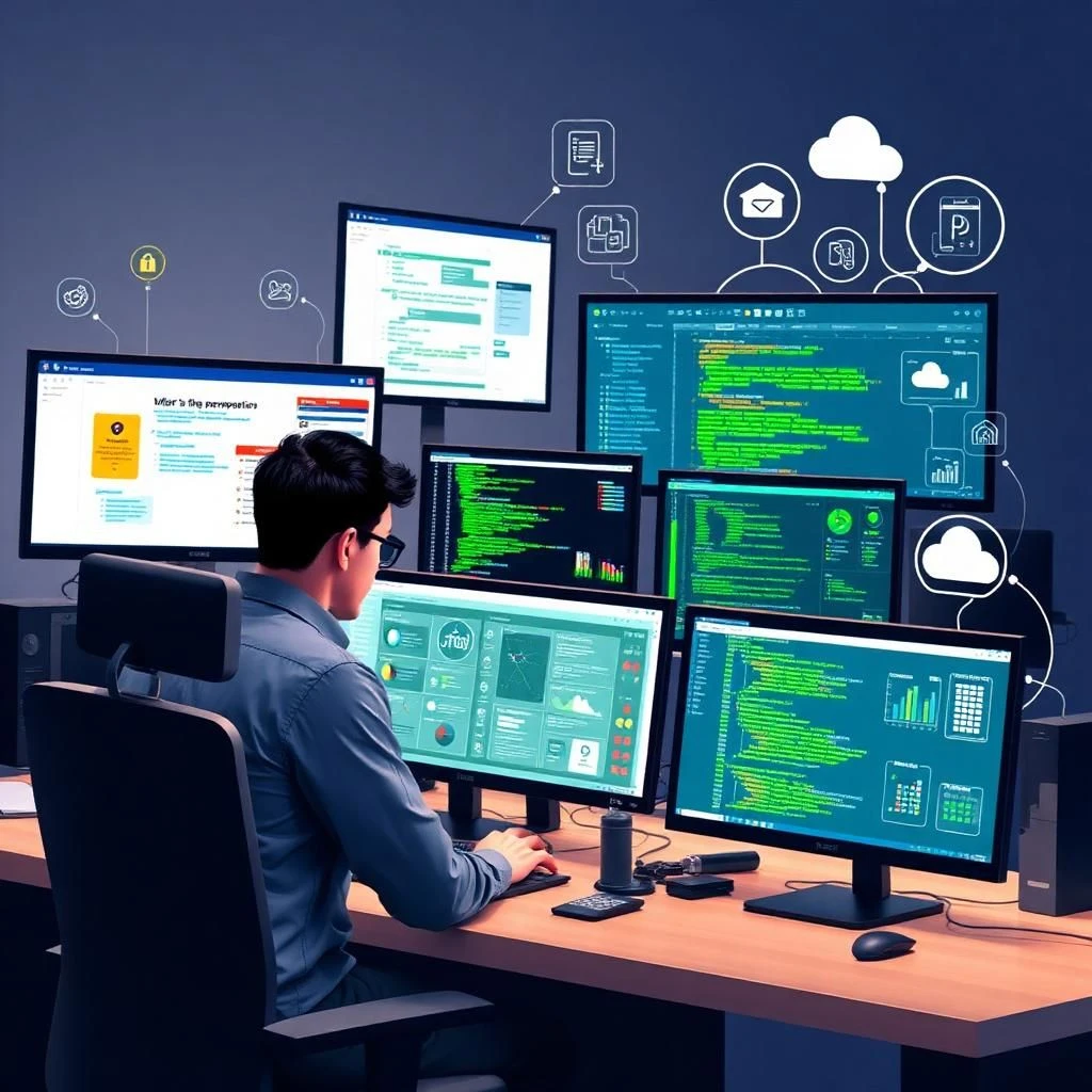 IT professional performing software maintenance with system monitoring and updates