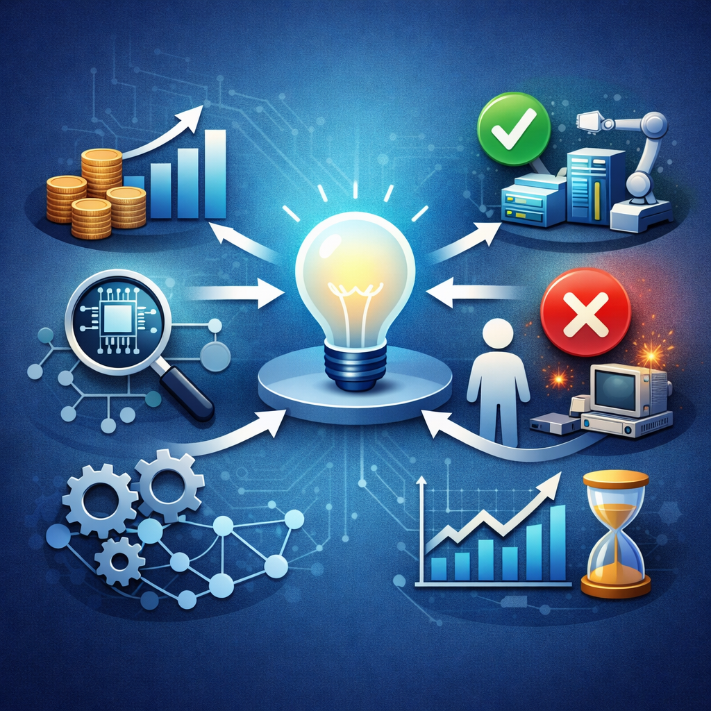 Technology investment evaluation decision framework balancing cost, risk, and long-term value