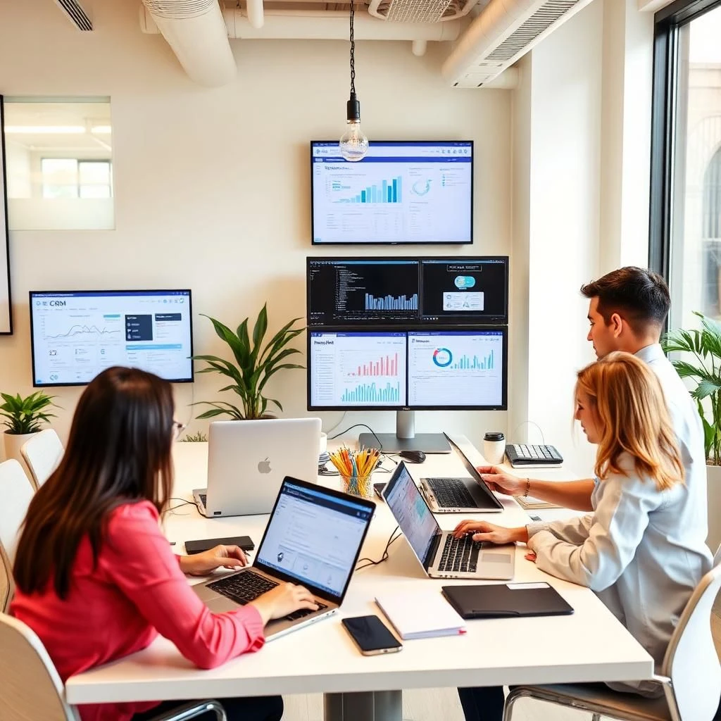 Small business team using laptops, tablets, and cloud-based software to manage operations, CRM, and productivity tools efficiently.