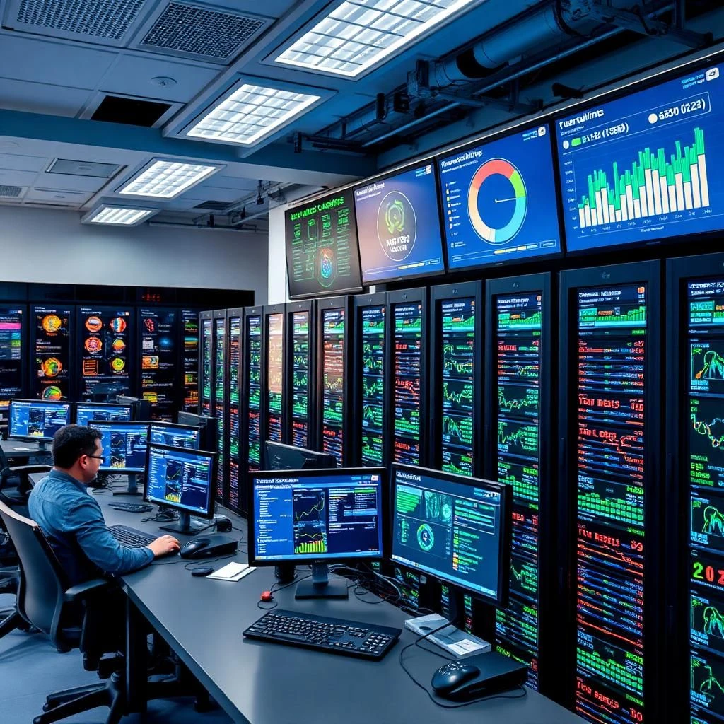 IT engineers monitoring uptime and reliability metrics on servers and dashboards in a modern operations center