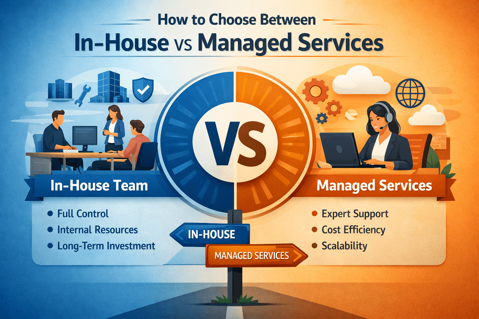 In-house vs managed services decision framework comparing cost, control, scalability, and risk