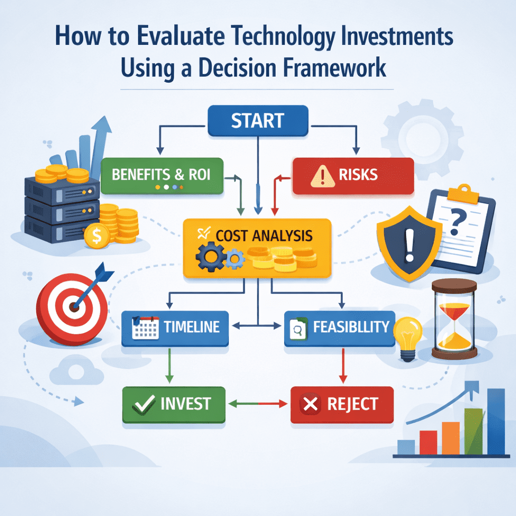 Technology investment evaluation decision framework comparing cost, value, risk, and scalability