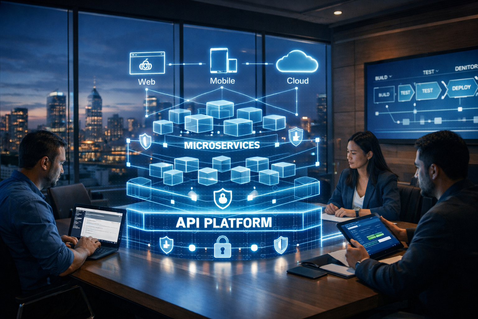 Ultra-realistic illustration of API-first platforms architecture showing API layer as foundation with microservices, web, mobile, and cloud integration inside a modern enterprise office.