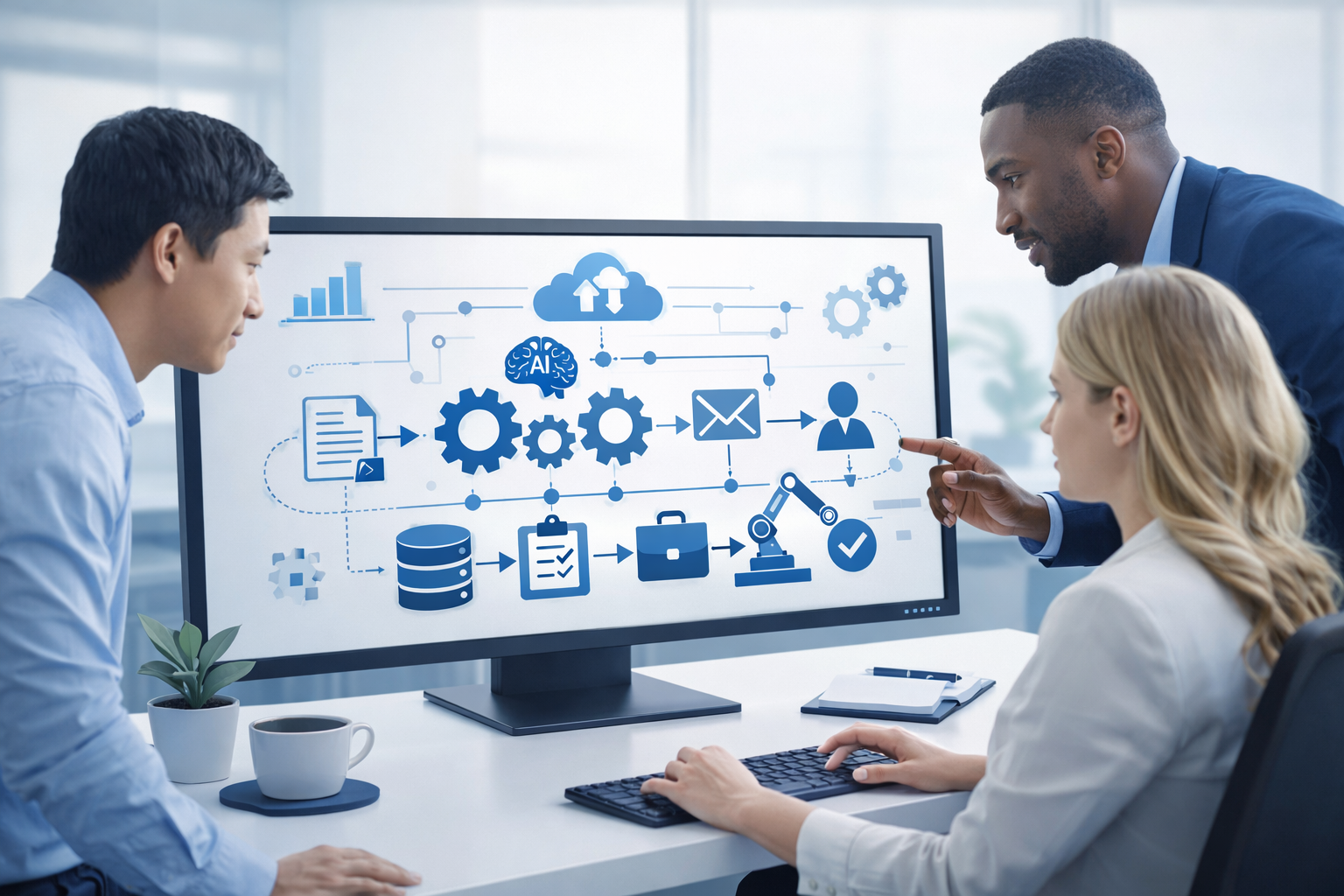 Three business professionals reviewing a business process automation workflow on a computer screen in a modern office environment