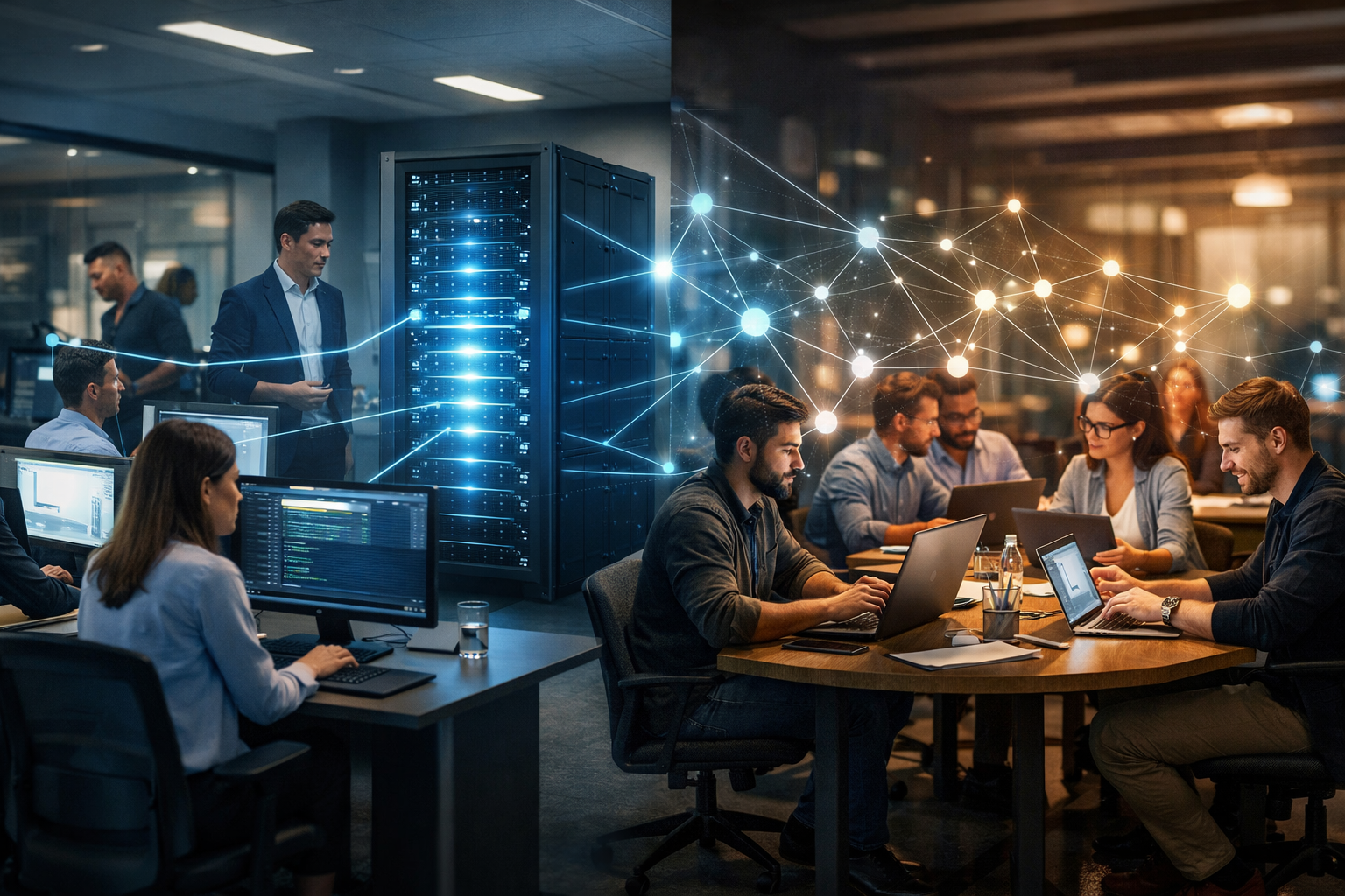 Centralized vs decentralized systems comparison showing IT professionals working around a central server and a distributed network workspace with connected nodes
