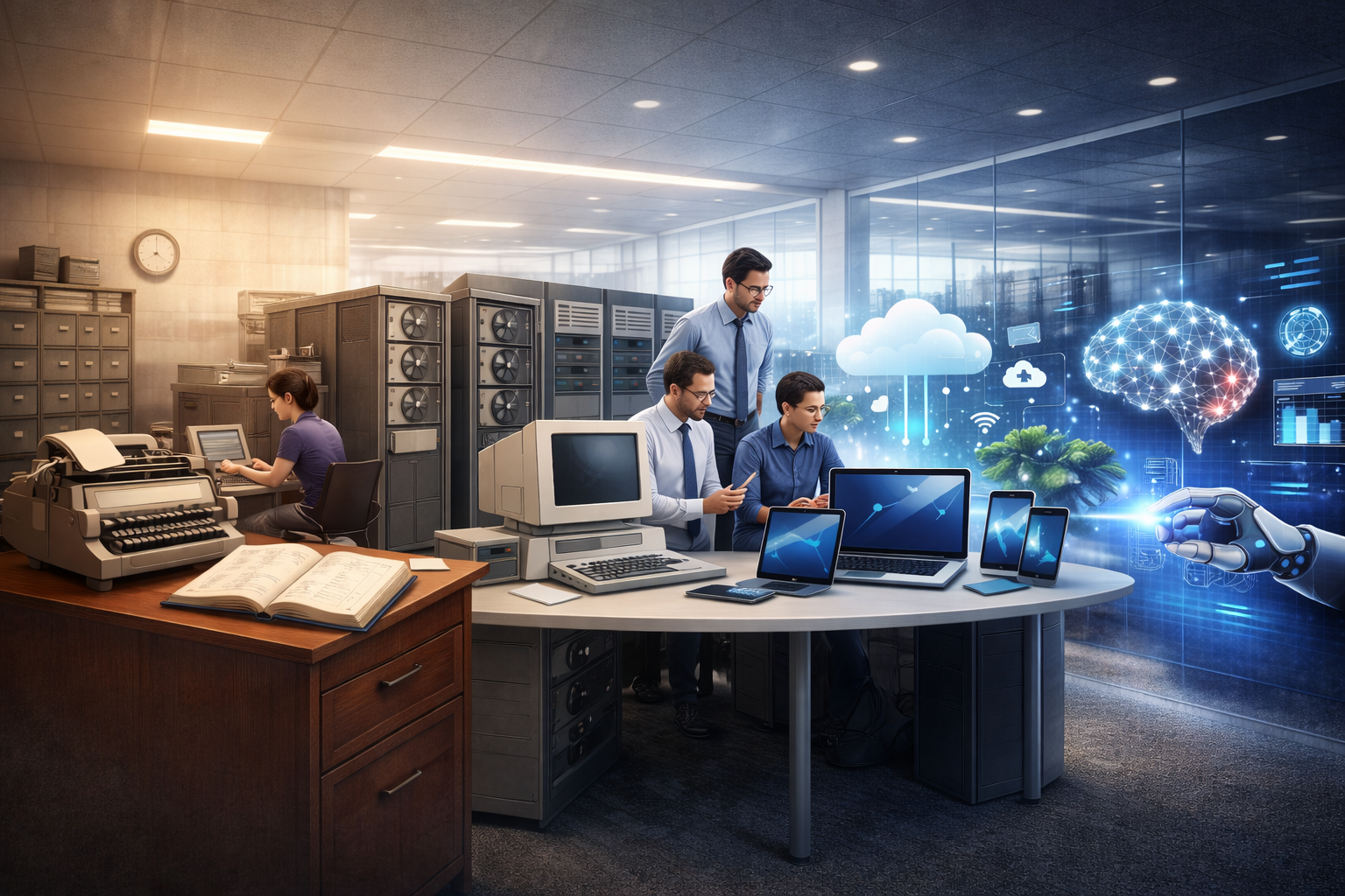 Realistic illustration showing the evolution of business technology systems from manual ledgers and mainframes to cloud computing and AI in a modern office setting.