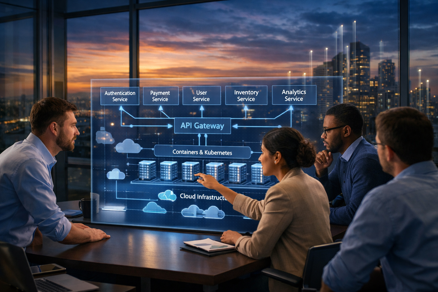 Microservices architecture overview displayed on a transparent digital dashboard in a modern enterprise office, showing API gateway, independent services, Kubernetes containers, and cloud infrastructure.