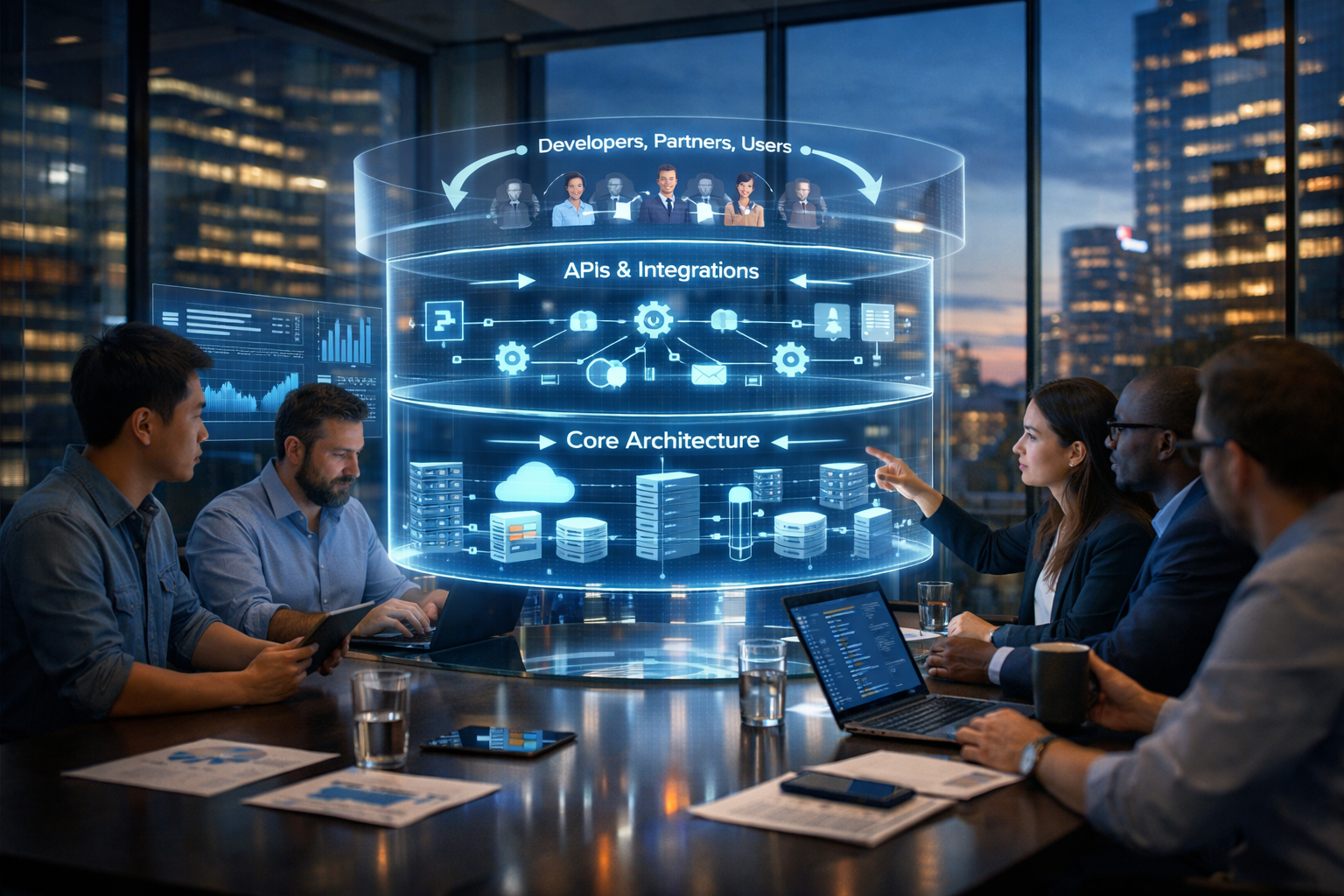 Photorealistic illustration of a platform ecosystem architecture showing core infrastructure, APIs and integrations, and developers collaborating in a modern enterprise office.