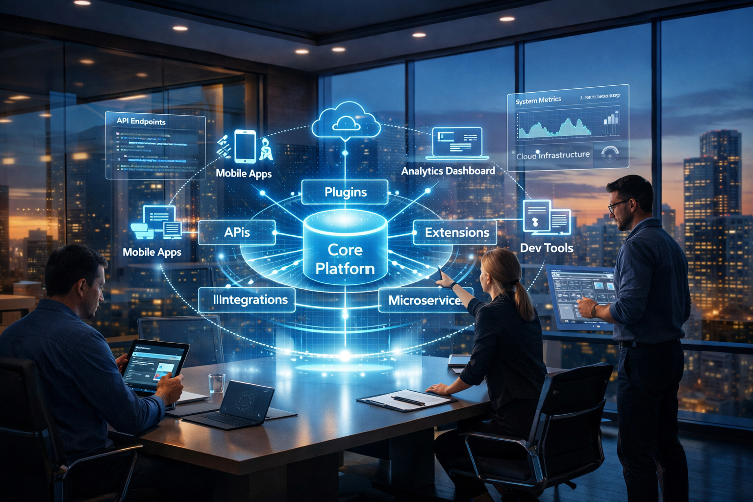 Platform extensibility concepts visualized in a modern enterprise office with a holographic core platform, APIs, plugins, microservices, and scalable system integrations.