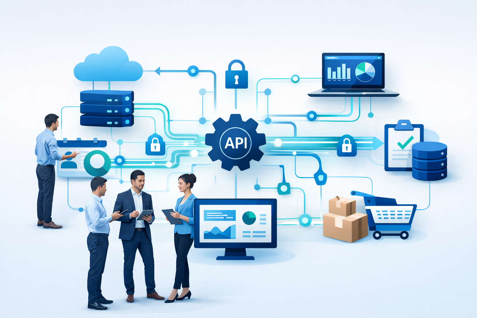 Realistic illustration of business professionals collaborating while interconnected cloud platforms, servers, databases, CRM systems, and analytics dashboards exchange data through secure API integrations.