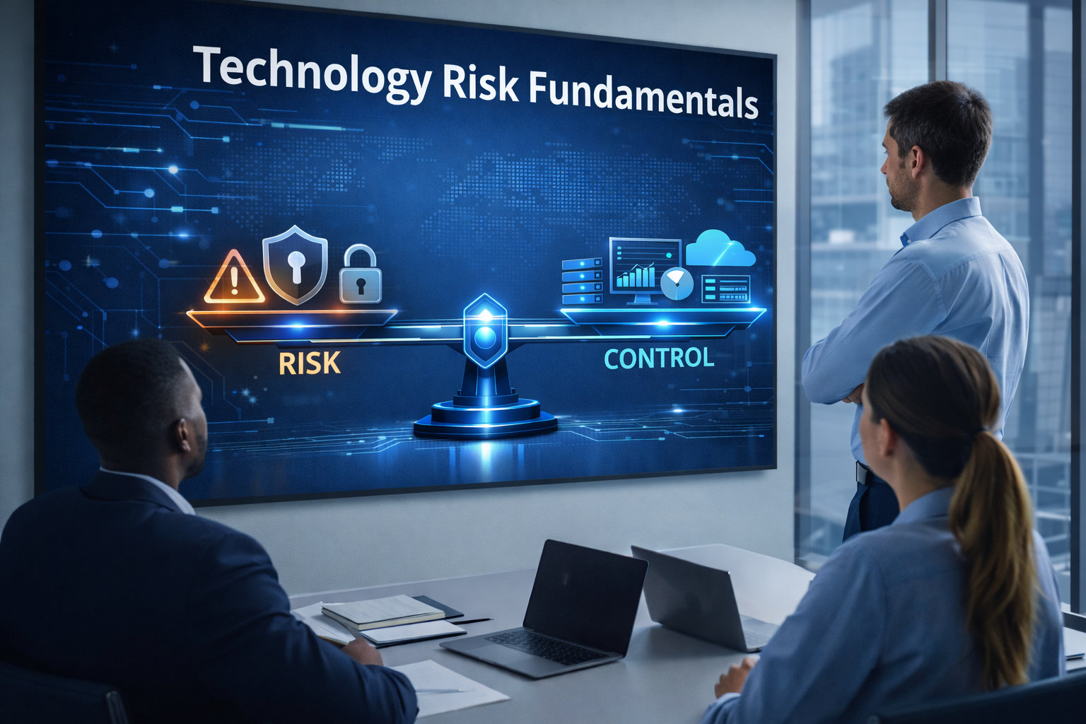 Technology risk fundamentals concept displayed on a digital screen showing a balanced scale between cybersecurity risk and IT control in a modern office meeting