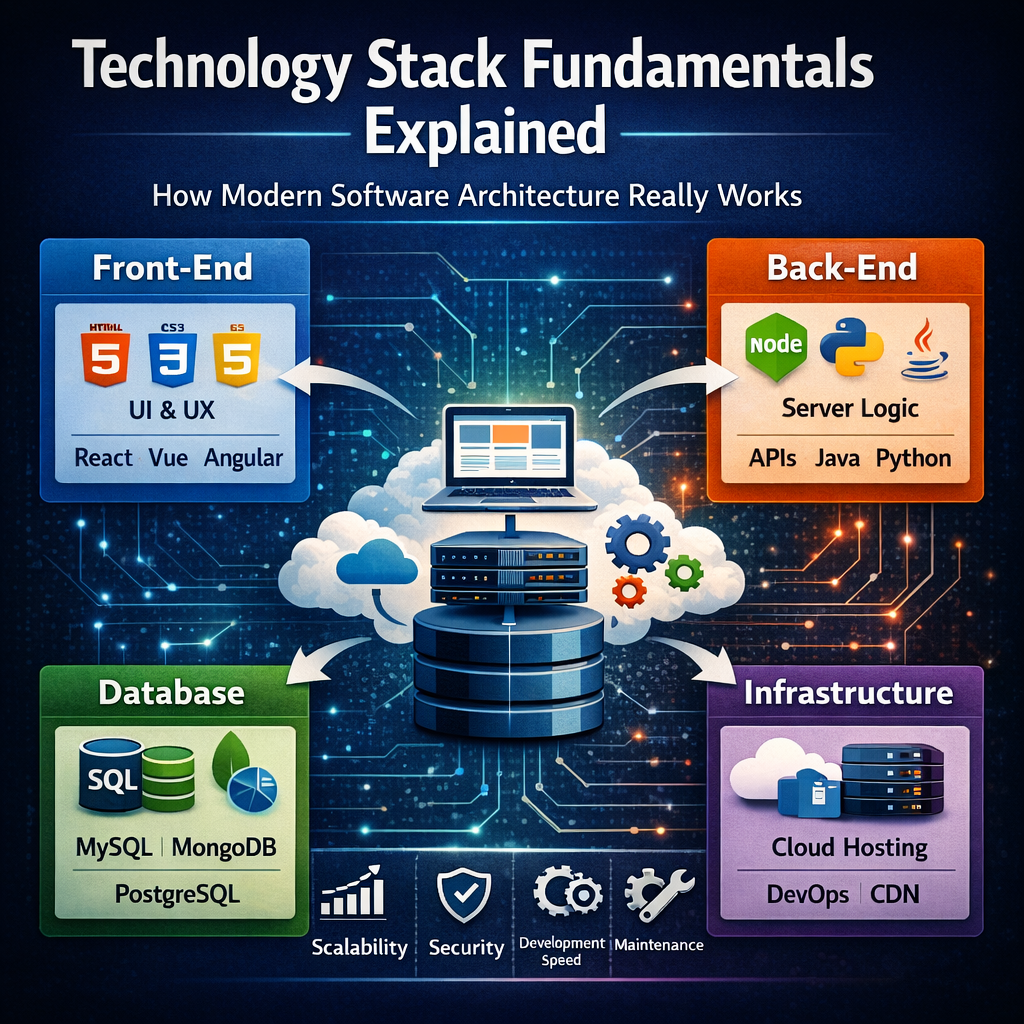Technology stack fundamentals infographic showing front-end, back-end, database, and infrastructure layers in modern software architecture