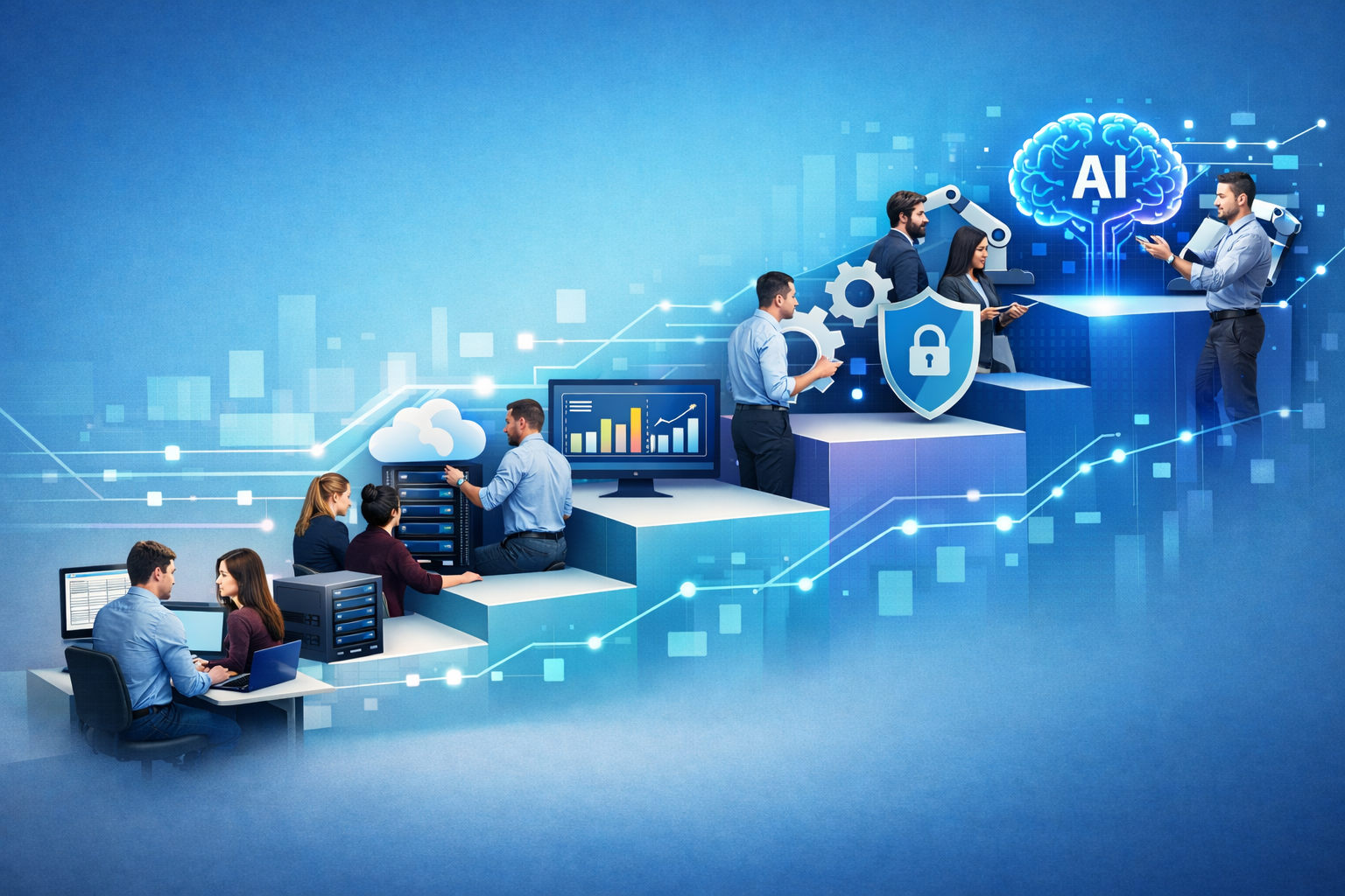 Technology maturity models progression showing professionals advancing from basic IT systems to cloud infrastructure, cybersecurity, automation, and AI-driven technology growth