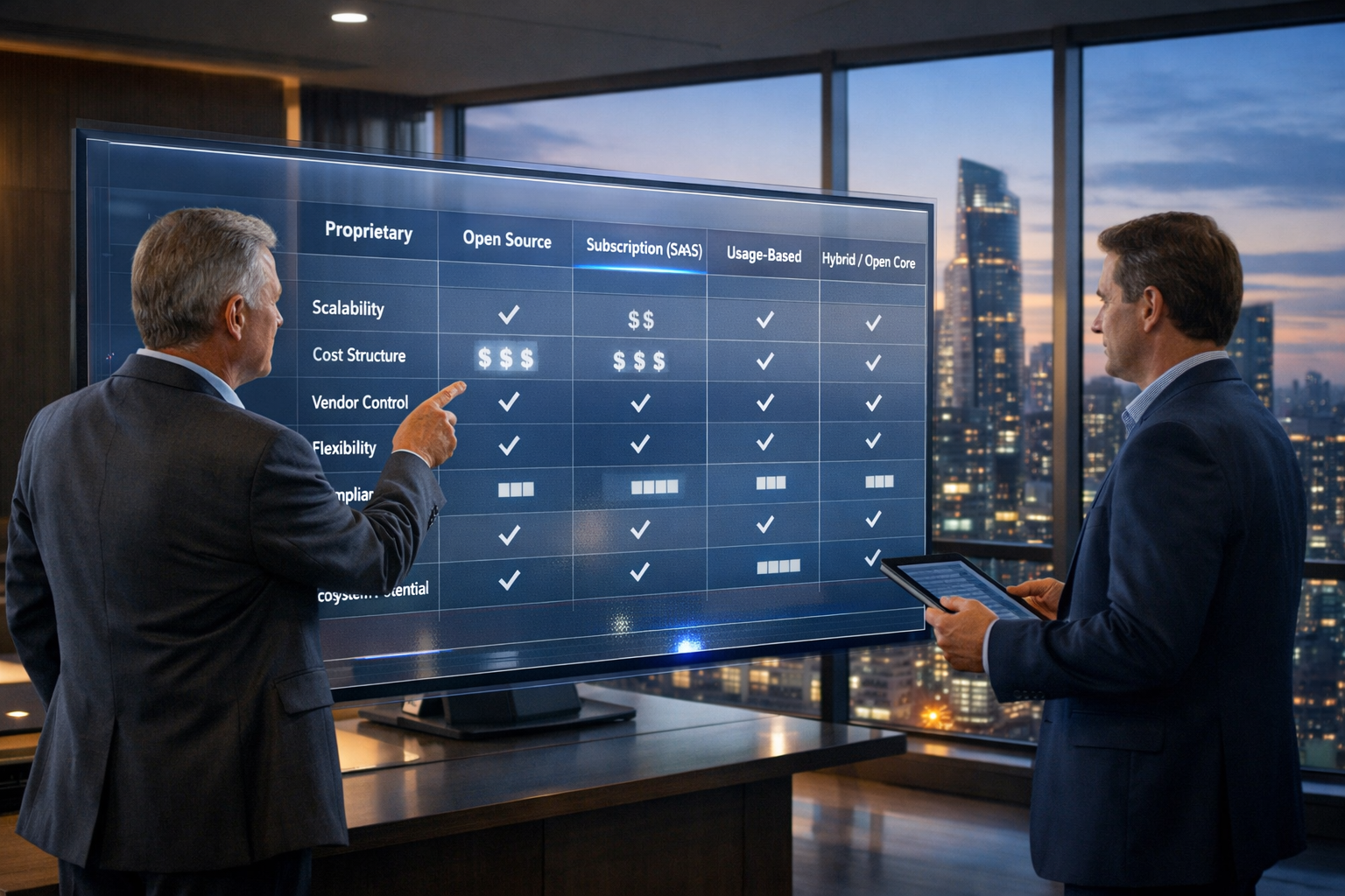 Two senior tech leaders reviewing a licensing models comparison dashboard on a large interactive screen in a modern executive office at sunset.