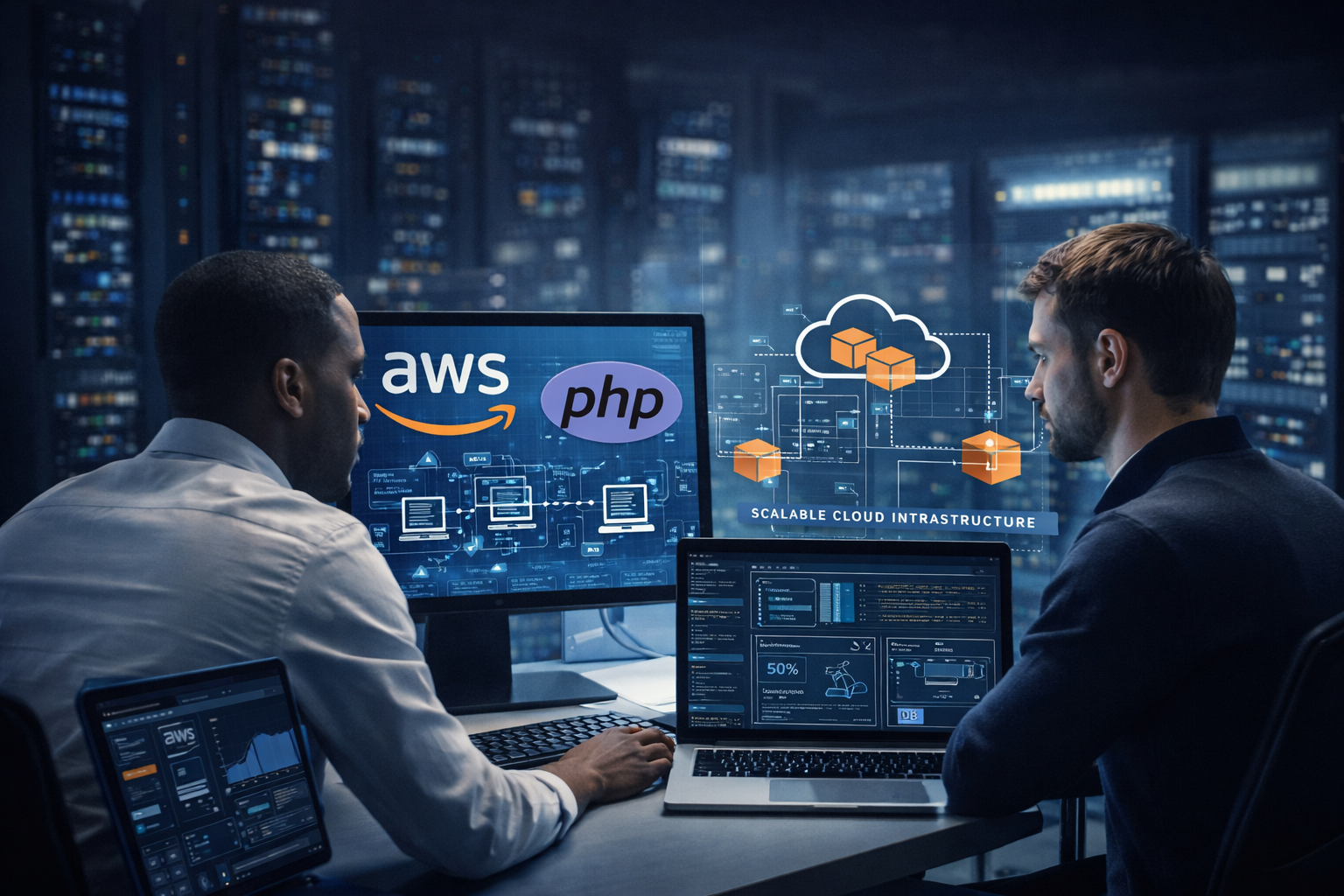 IT professionals managing AWS PHP hosting environment to scale and secure website performance in a cloud data center