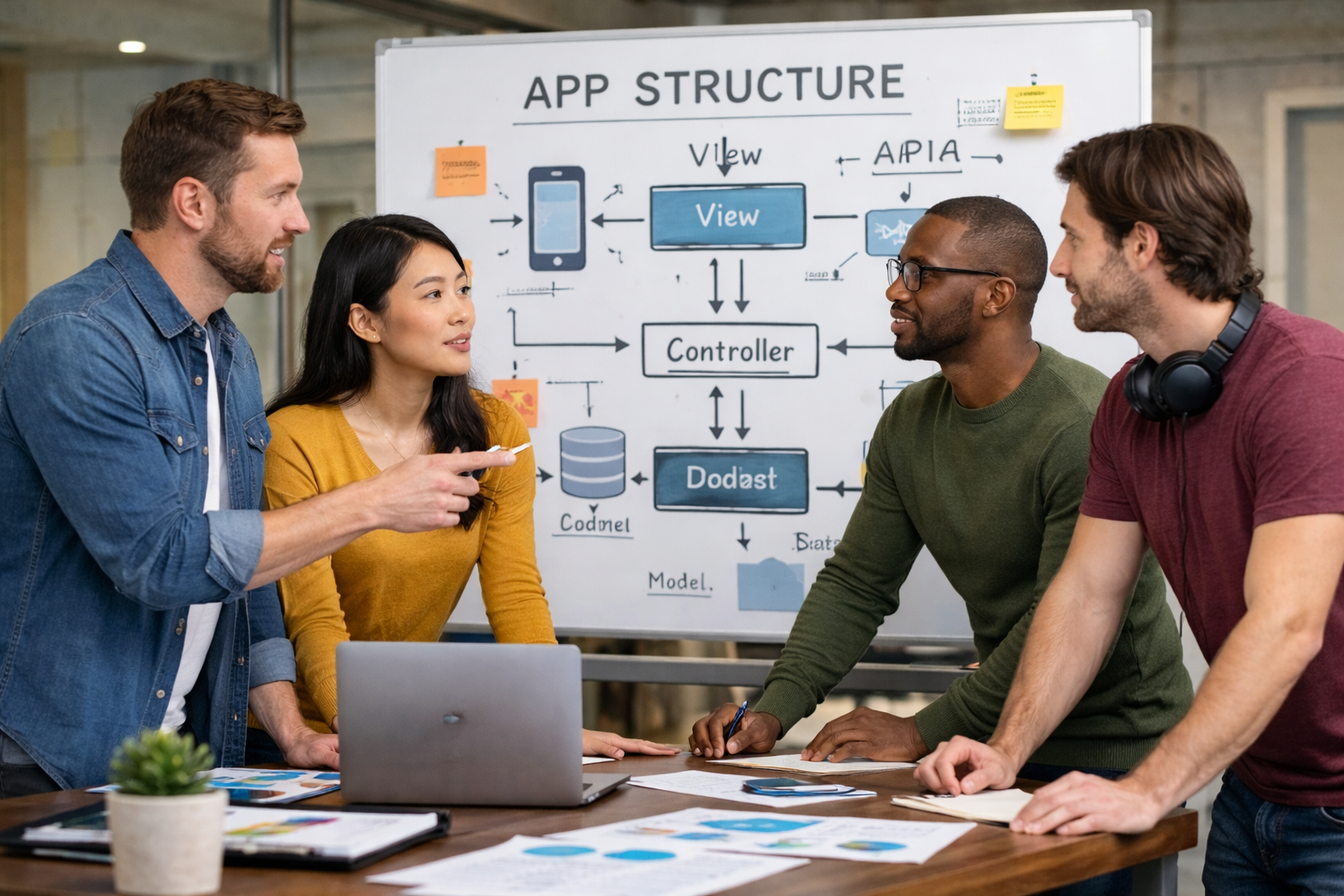 Systems engineers discussing an app structure project while reviewing a software architecture diagram on a whiteboard.