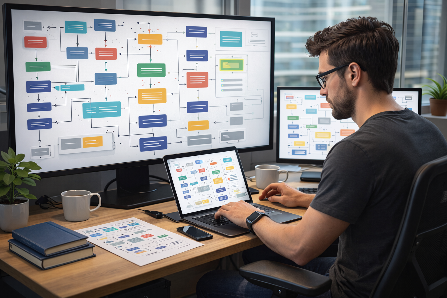 Web developer building a complex system architecture while reviewing a flowchart and architectural diagram sample on multiple monitors.