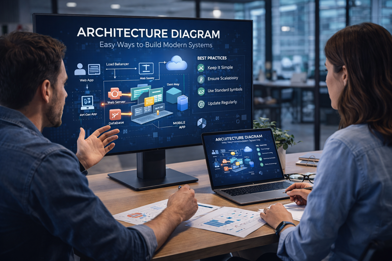 Team of professionals reviewing an architecture diagram to build modern and scalable systems in a collaborative workspace
