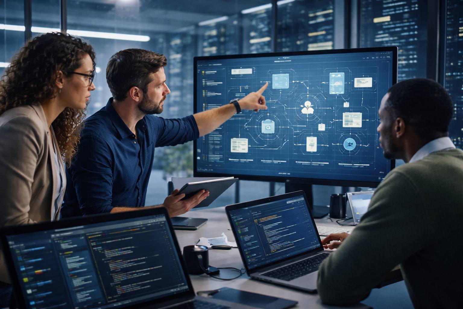 Software developers collaborating on architecture for software to design scalable and high-performance systems
