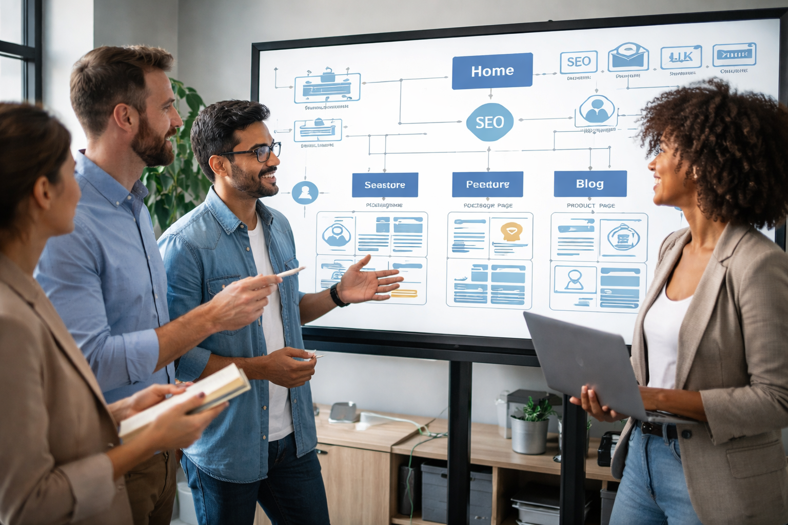 SEO consultants discussing website structure and site architecture for SEO optimization on a large screen.