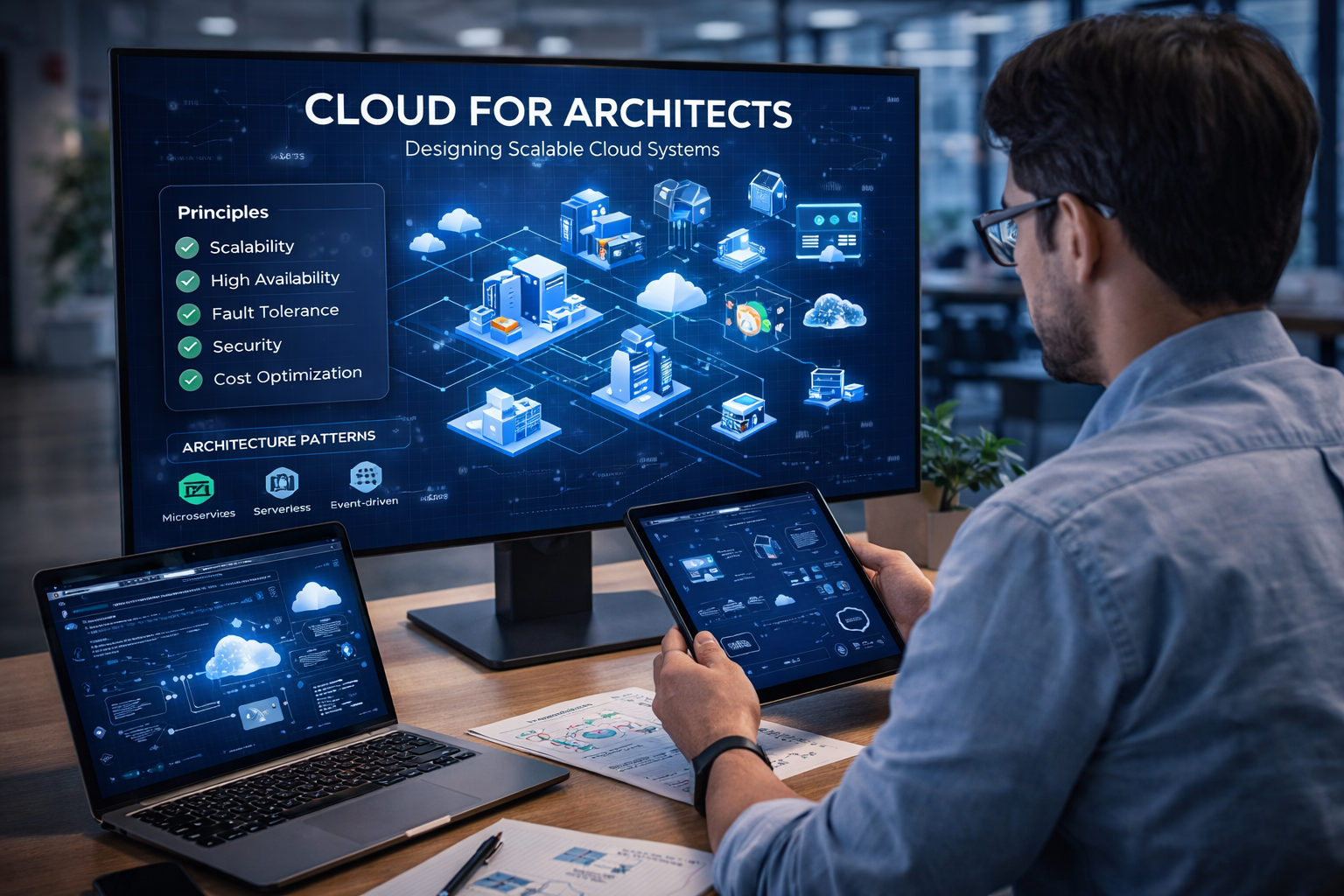 Cloud architect designing scalable cloud systems using modern cloud architecture tools in a professional workspace