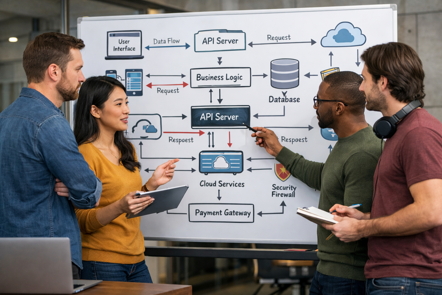 System engineers reviewing a diagram of software engineering architecture on a whiteboard during a collaborative system design meeting.