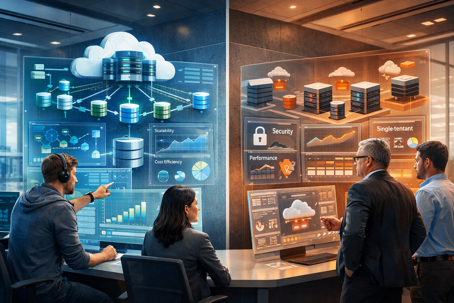 Modern tech team comparing multi-tenant vs single-tenant systems architecture with shared cloud infrastructure and isolated dedicated servers in a corporate office.