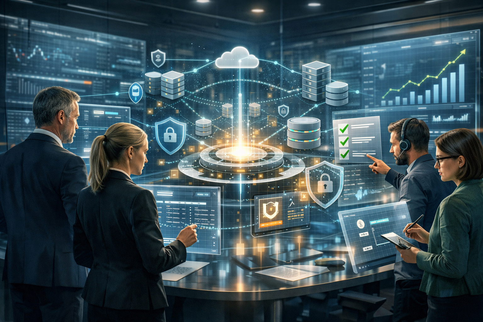 Enterprise technology team reviewing platform governance dashboards with cloud infrastructure, API controls, compliance checks, and secure growth metrics.