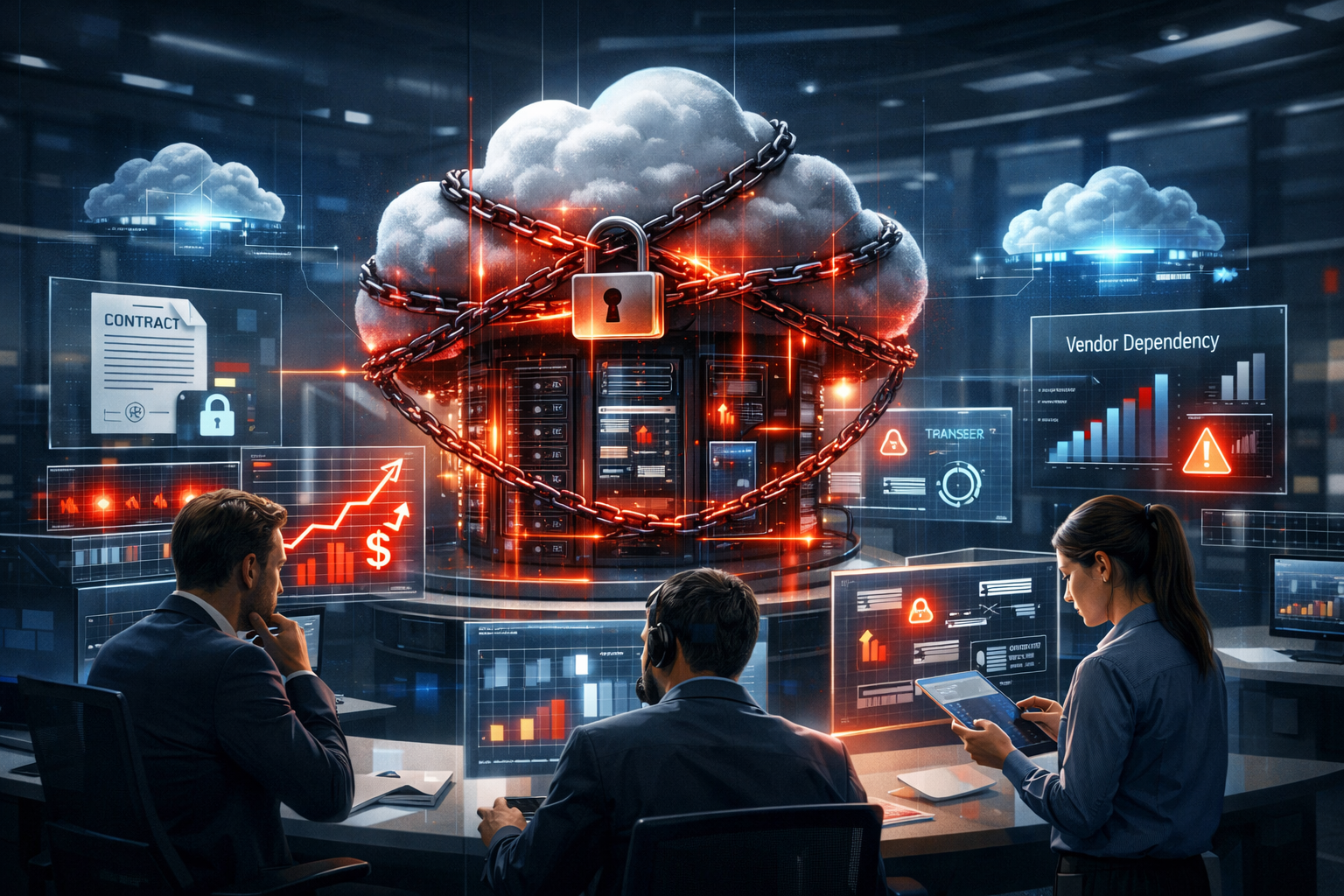 Realistic corporate tech team analyzing cloud platform lock-in risks with vendor dependency dashboards, rising costs, and restricted data pipelines in a modern data center.