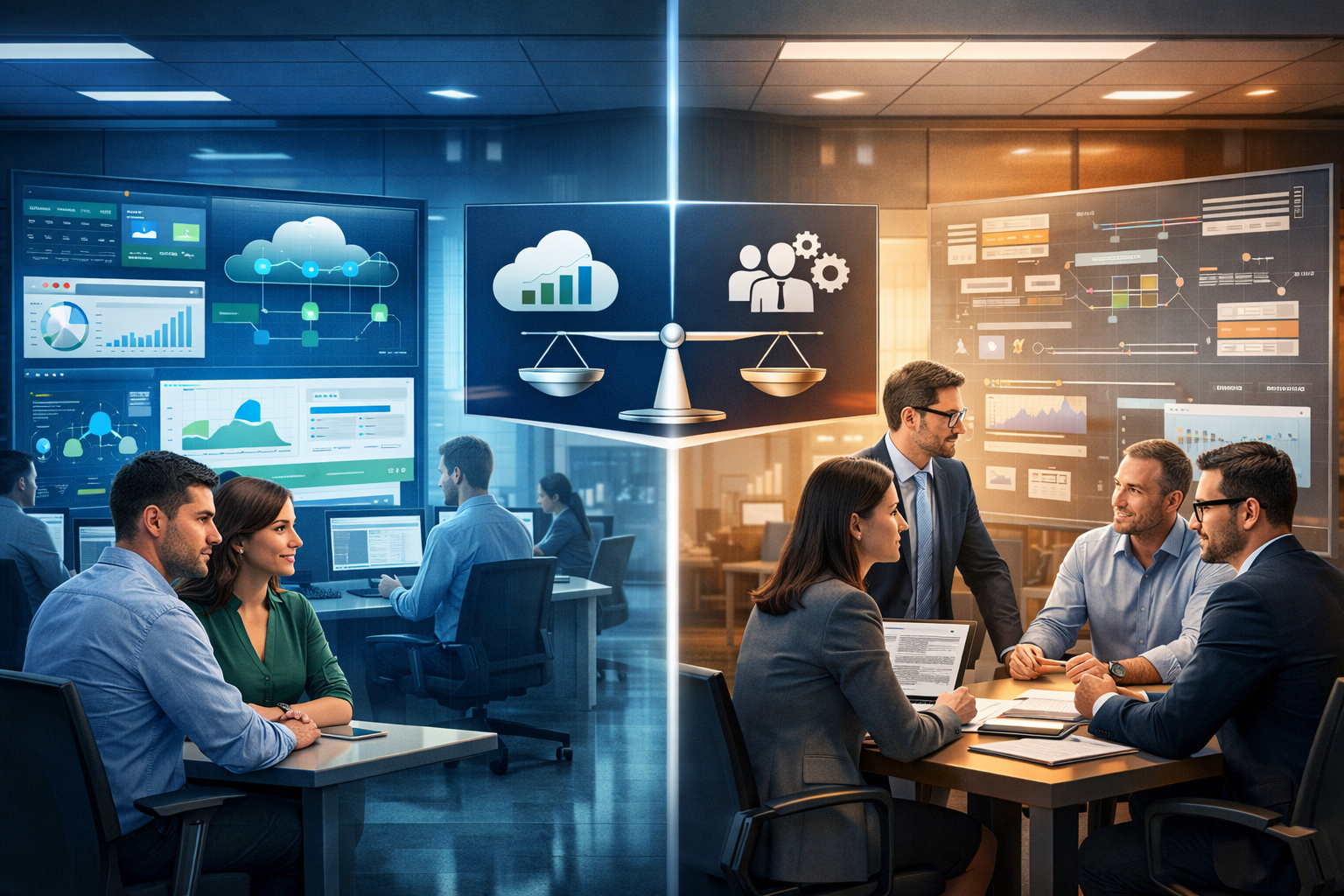 Enterprise team comparing product-led vs service-led software models with SaaS dashboards, cloud infrastructure, and consulting strategy meeting in a modern office.