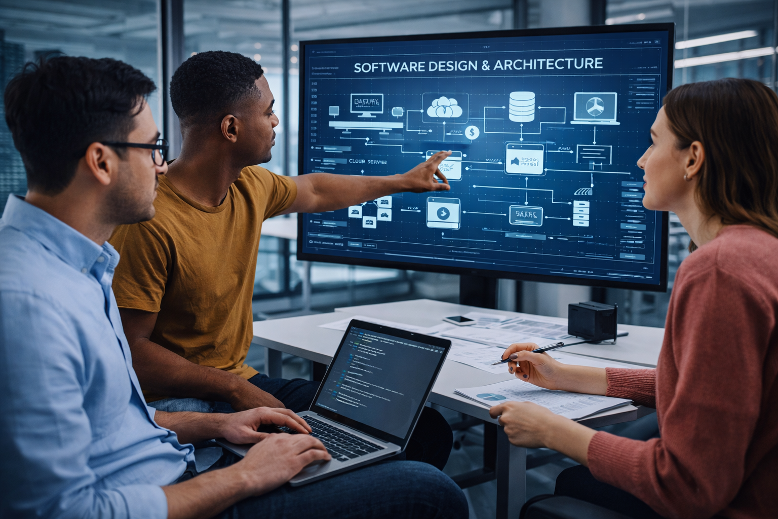 Software engineers collaborating on software design and architecture to build modern and scalable systems in a tech workspace
