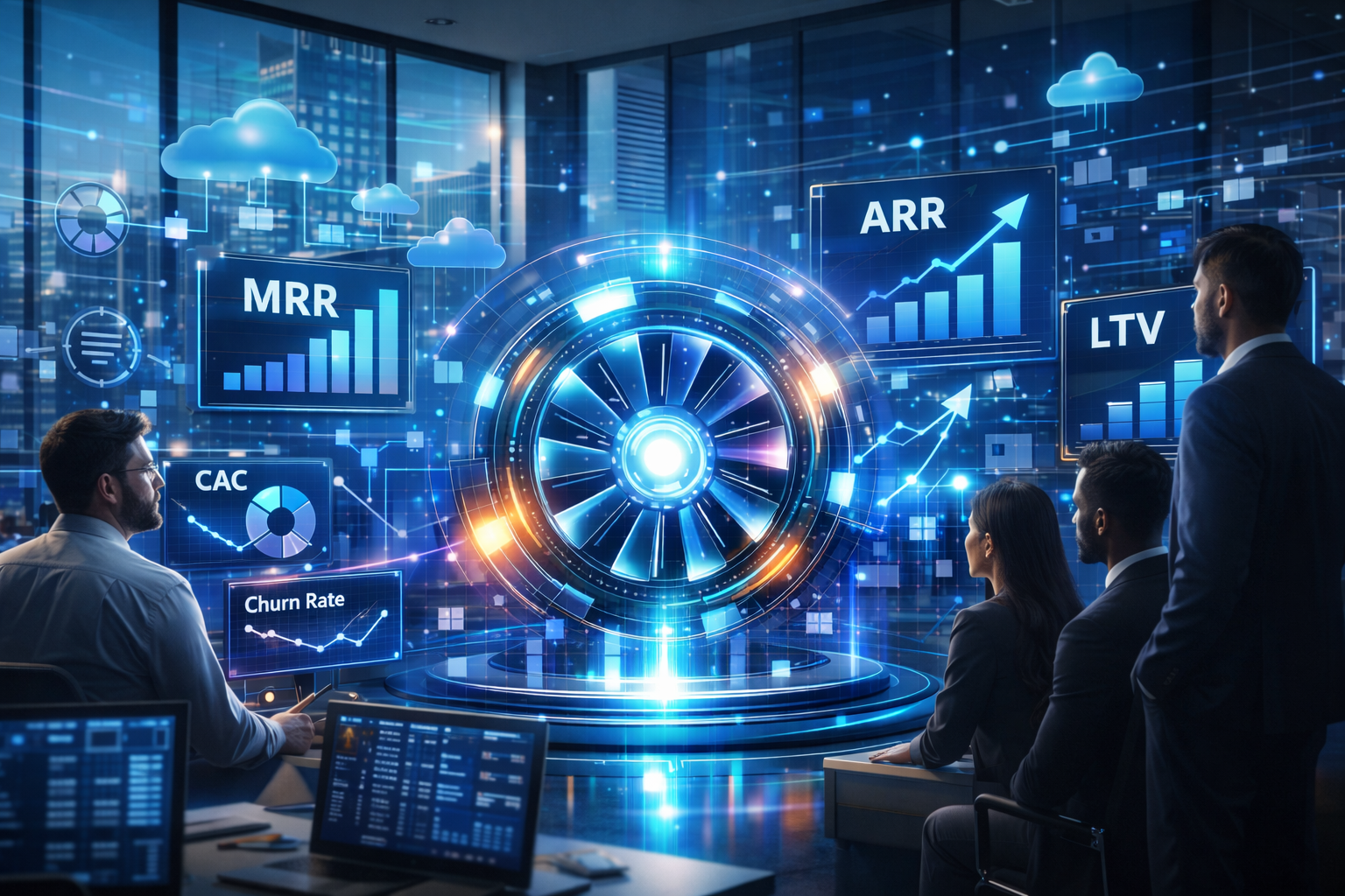 Realistic modern office team analyzing SaaS subscription economics dashboard with ARR, MRR, LTV, CAC and churn metrics around a digital revenue engine